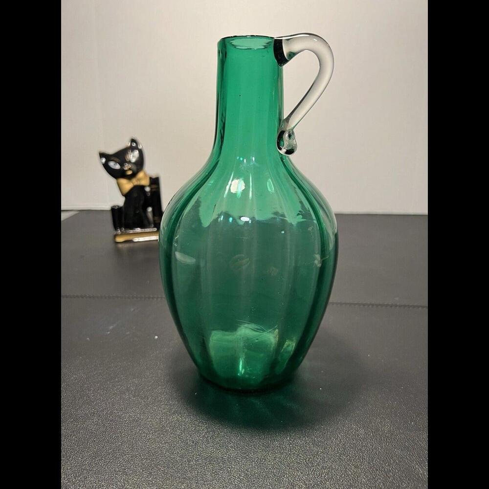 Beacon Glass Vintage 1940s Model 123 Sea Green Ribbed Optic Barrel Jug Pitcher